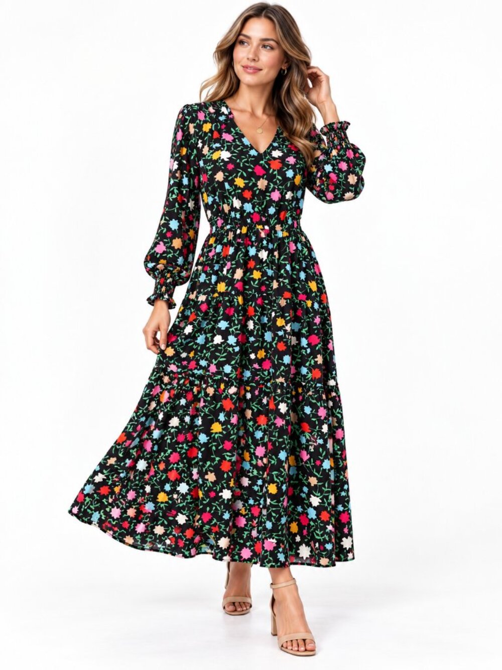 MARKS and SPENCER Tiered Ruffle Black Floral Midi Dress US14